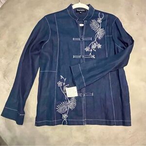 NWT Navy Blue Denim-like Linen Knot Button Embroidered Lightweight Jacket